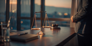 Legal gavel and scales of justice on the desk of a fatal car accident attorney.