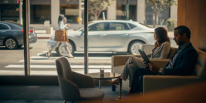 A lawyer for a pedestrian hit by a car discusses the case with a client in an office.