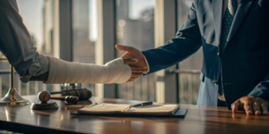 A person with a bandaged arm shaking hands with the best dog bite lawyer for their case.