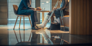Personal injury lawyer discusses a slip and fall claim with a client on crutches with a leg cast.