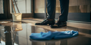 A person's shoes near a wet floor, a slip hazard that can lead to a premises liability claim.