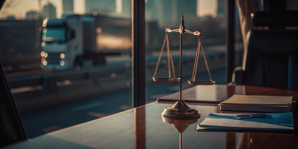 Scales of justice on a desk at a truck accident law firm with a truck visible out the window.