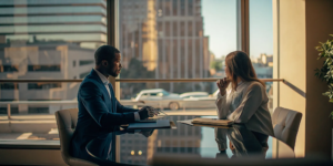 A single vehicle accident lawyer discussing a claim with a client in an office.