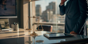 An accident lawyer sits at a desk with scales of justice, working to win a personal injury case.
