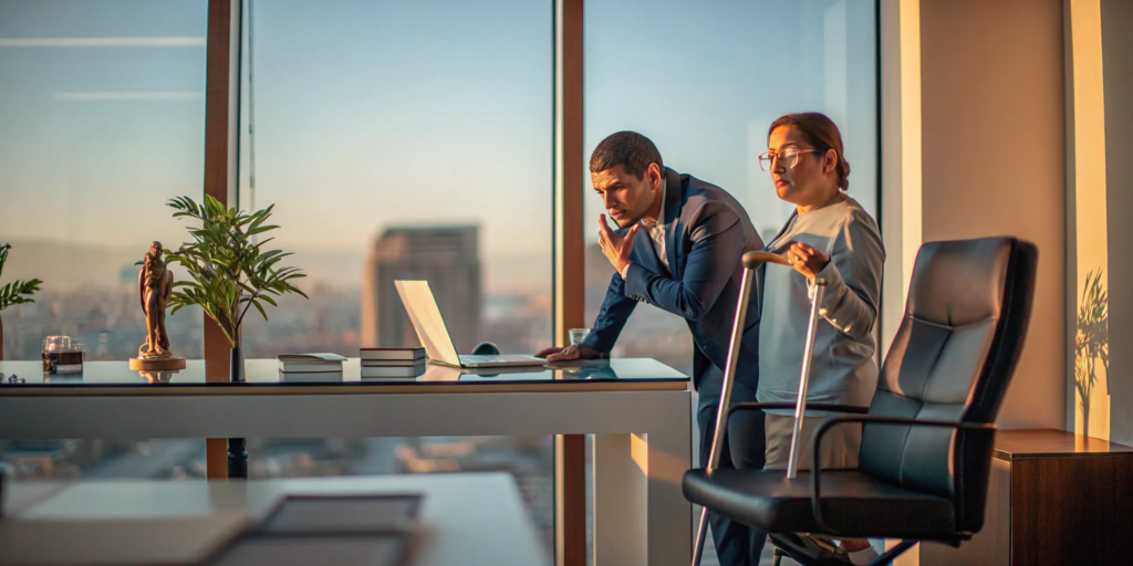 A slip and fall injuries lawyer reviewing case details with a client.