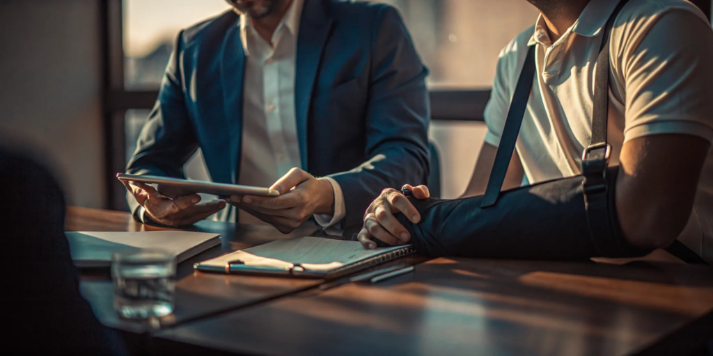 An accident lawyer discusses a case with an injured client wearing an arm sling.