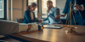 A person with a bandaged hand consults a dog bite law group about their case.