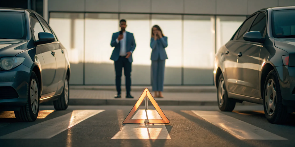 Drivers taking the right steps with a warning triangle after a car accident.