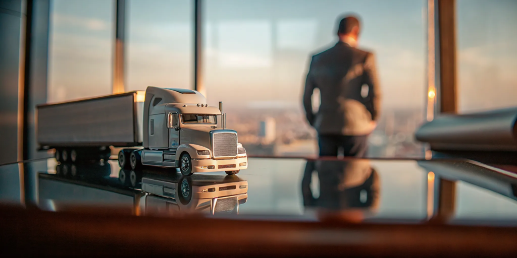 A truck crash lawyer uses a model truck to investigate an accident claim.