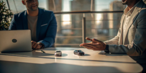 Car crash lawyers reviewing case details during a free consultation.
