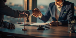 A car accident lawyer shakes hands with a client after being hired for a case in his law office.