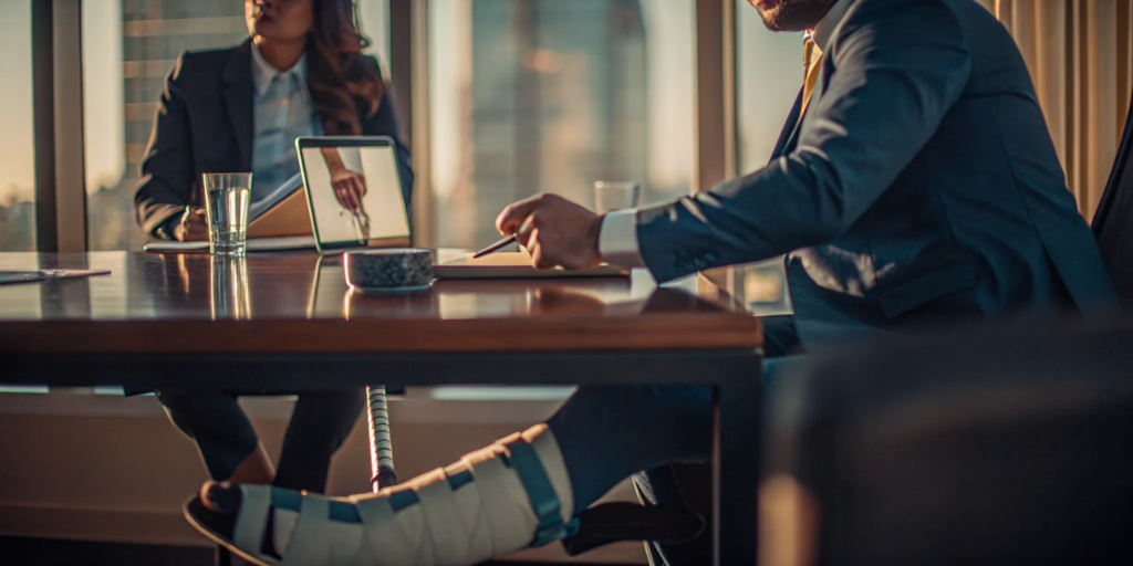 A slip and fall attorney advises an injured client with a leg cast.
