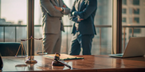 Two personal injury attorneys discussing a case with scales of justice and a gavel on the desk.