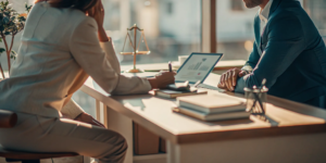 A personal injury lawyer and client review case documents during a consultation.
