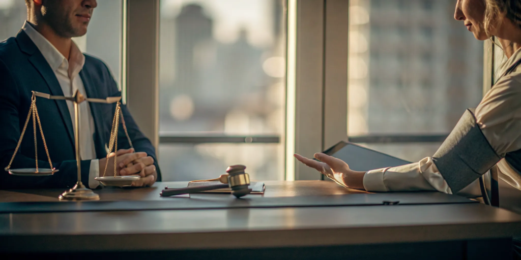 Personal injury lawyer consulting with a client next to scales of justice and a gavel.