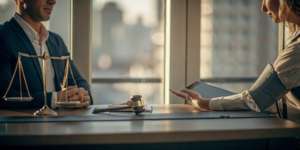 Personal injury lawyer consulting with a client next to scales of justice and a gavel.