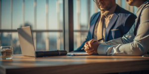 A personal injury lawyer discusses a case with a client in an office.