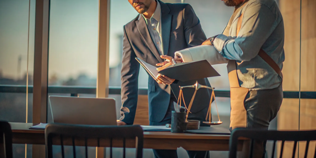 Car accident lawyers reviewing a client's injury claim documents at a desk.