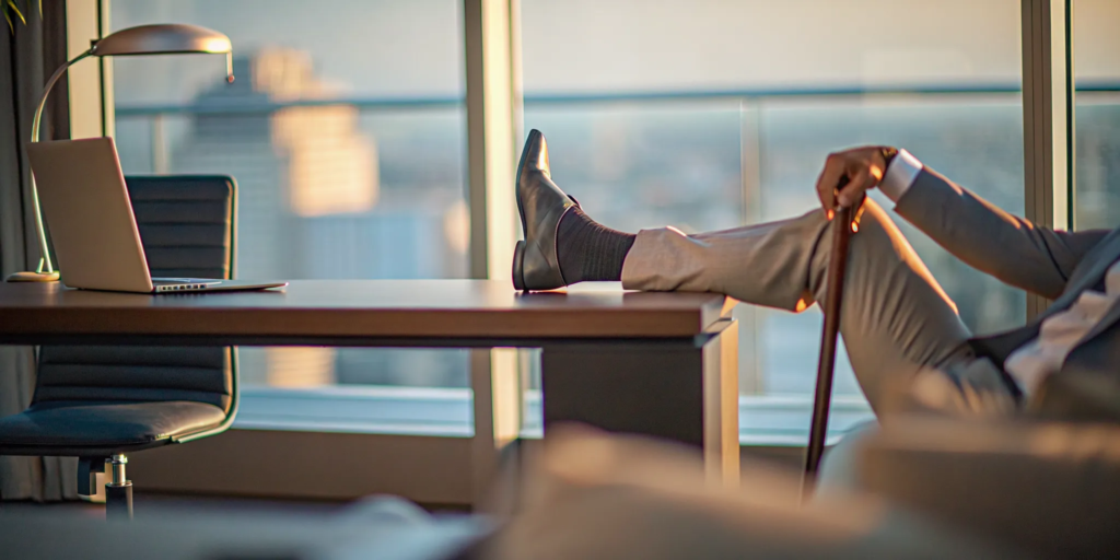 A personal injury lawyer for a slip and fall puts his feet up, confident about the case.