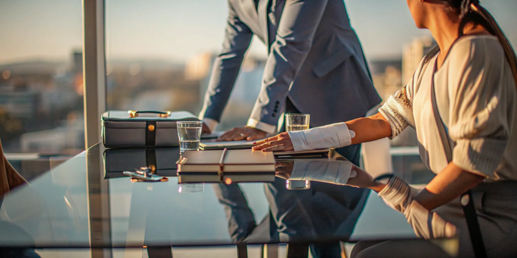 Personal injury attorney advises a client while reviewing legal documents at a desk.