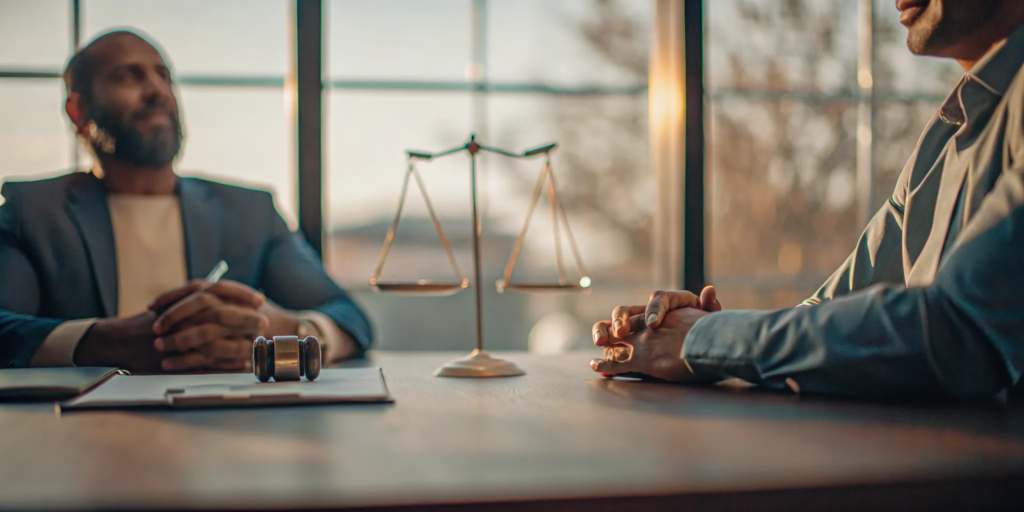 An accident lawyer reviews a case with a client in an office with a gavel and scales of justice.