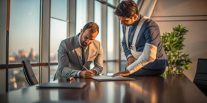 Personal injury attorney advises an injured client while reviewing legal documents.