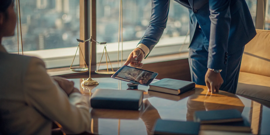 An accident lawyer reviews case details with a client in their office.