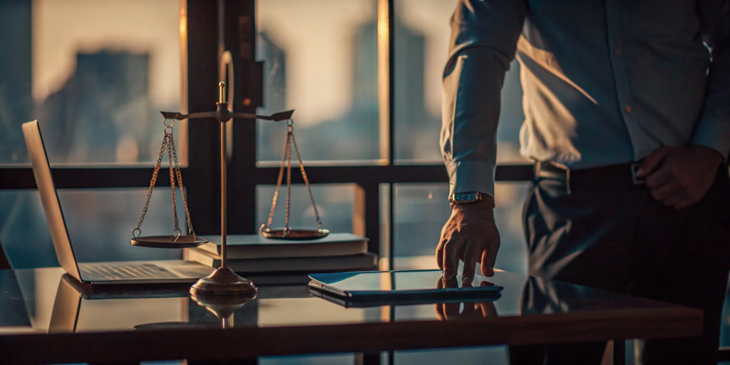 An attorney for bodily injury works on a claim at a desk with scales of justice.