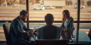 Truck accident attorneys collaborating on a case strategy at a conference table.