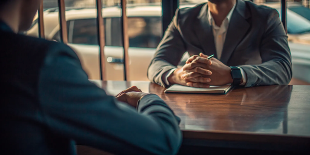 A client meets with a car accident lawyer to discuss their case.