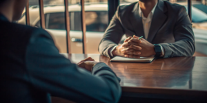 A client meets with a car accident lawyer to discuss their case.
