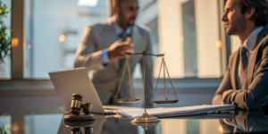 Accident lawyer reviewing a case at a desk with a gavel and scales of justice.