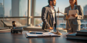 Two truck accident attorneys discuss a case with scales of justice and a gavel on the desk.