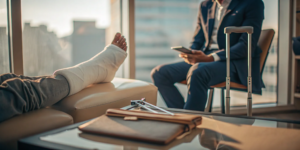 Injured person with a leg cast and crutches consulting a slip and fall accident attorney.