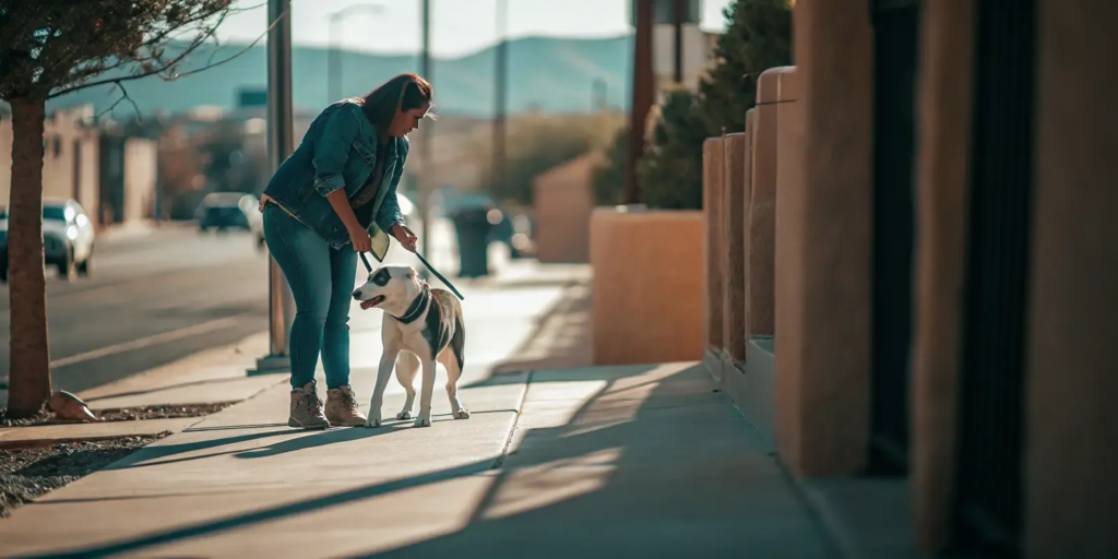 New Mexico dog owner holding a leashed dog responsibly