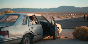 Damaged vehicle on a New Mexico roadside after a hit-and-run accident