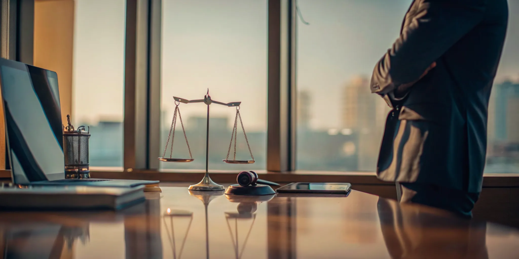A truck accident attorney sits at a desk with a gavel and scales of justice.