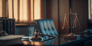 Professional legal desk with scales of justice and a gavel in Albuquerque, New Mexico