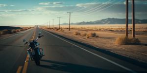 Motorcycle parked beside a New Mexico desert highway