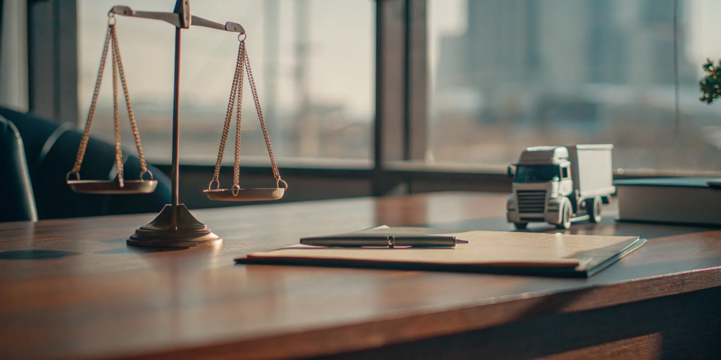 Scales of justice and a toy truck on a desk, a case for truck accident attorneys.