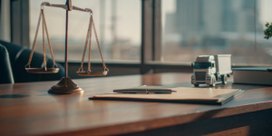 Scales of justice and a toy truck on a desk, a case for truck accident attorneys.