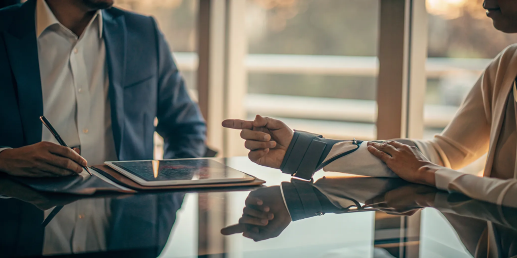 Personal injury lawyer discussing a claim with a client during a consultation.