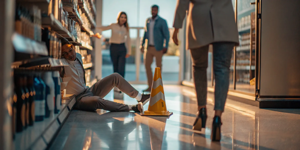 Person slipping on a wet floor in a grocery store with a warning cone nearby