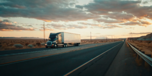 Semi-truck driving on a desert New Mexico highway near Albuquerque at sunset