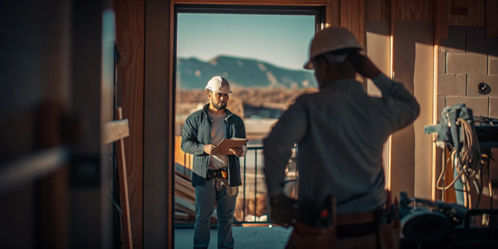 New Mexico construction site with workers in safety gear and hard hats