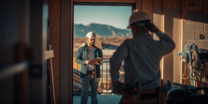 New Mexico construction site with workers in safety gear and hard hats