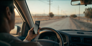 Driver looking at phone inside car on New Mexico highway at sunset, distracted driving concept