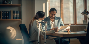 Personal injury attorney reviewing case documents with a client in a professional law office