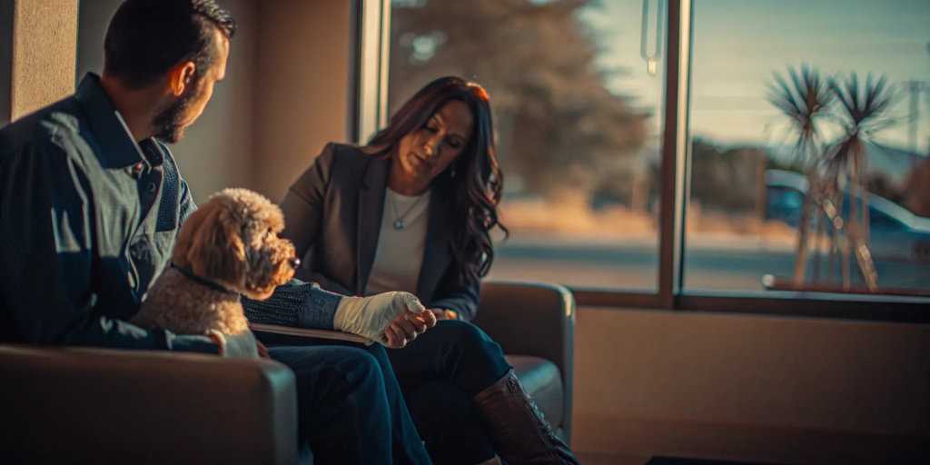 Dog bite victim consulting with attorney in a New Mexico law office, warm professional atmosphere