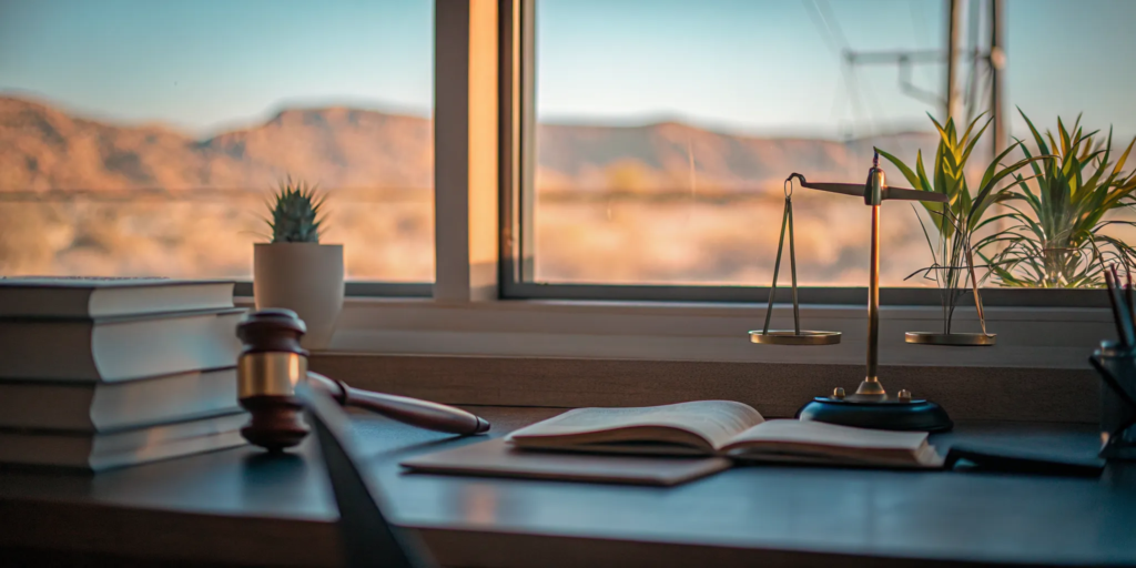 Law office interior with New Mexico desert landscape, gavel, and legal books representing insurance bad faith legal services